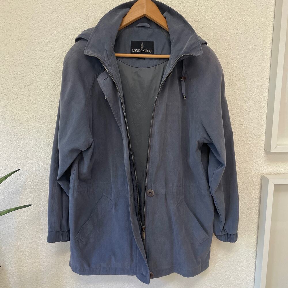 London Fog Coat Size M Petite Removeable Hood Drawstring Waist Sueded Blue